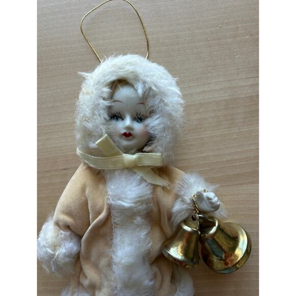 Vintage Porcelain Doll Christmas Ornament with Bells - Picture 3 of 9